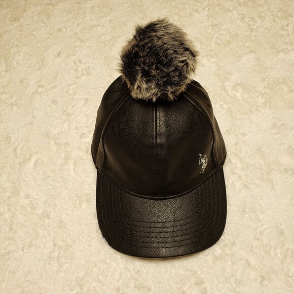 Vtg Y2K U.S. Polo Assn Black Faux Leather Cap Hat Pom Pom Adjustable Strap main image 2